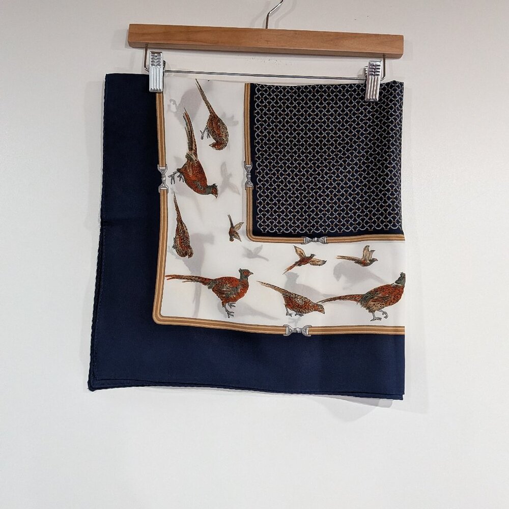 Gina Ruccini Pheasant Pattern Scarf Navy White Burgundy Brown VINTAGE